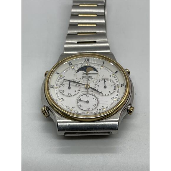 Vintage Seiko Sports 100 Moon Phase Chronograph Two Tone Quartz Watch 7a48 7009 - Picture 7 of 10